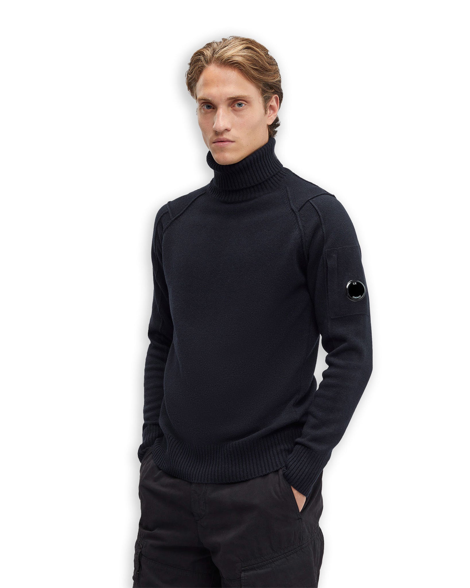 C.P. Company Lambswool Roll Neck Collo Alto Cuciture A Vista Blu Uomo